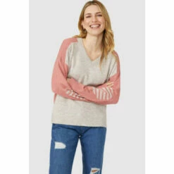 Mantaray Contrast Sleeve Button Through V Neck Jumper For Female -Cheap Mantaray Store unnamed file 1255