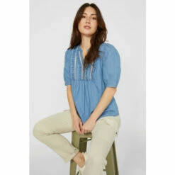 Mantaray Half Sleeve Frill Button Placket Chambray Top For Female -Cheap Mantaray Store unnamed file 1472