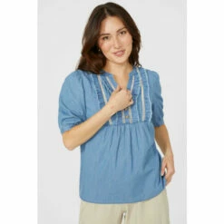 Mantaray Half Sleeve Frill Button Placket Chambray Top For Female -Cheap Mantaray Store unnamed file 1473