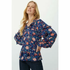 Mantaray Leafy Floral Print Frill V Neck Crepe Top For Female