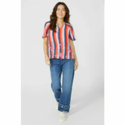 Mantaray Floral Embroidered Multi Stripe V Neck Top For Female