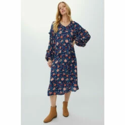 Mantaray Leafy Floral Frill V Neck Midi Crepe Dress For Female