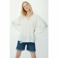 Mantaray Embroidered Sleeve Spot Dobby Top For Female