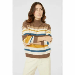 Mantaray Multi Stripe Textured Cowl Neck Cotton Jumper For Female