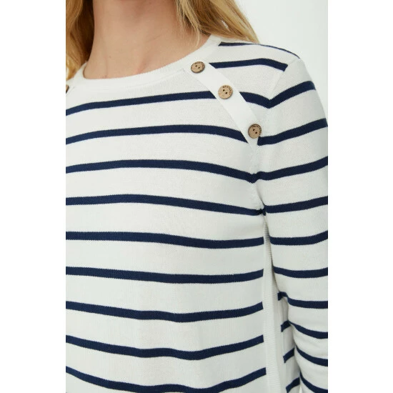 Mantaray Button Neck Striped Curved Hem Cotton Jumper For Female 3 Mantaray Button Neck Striped Curved Hem Cotton Jumper For Female - Image 3