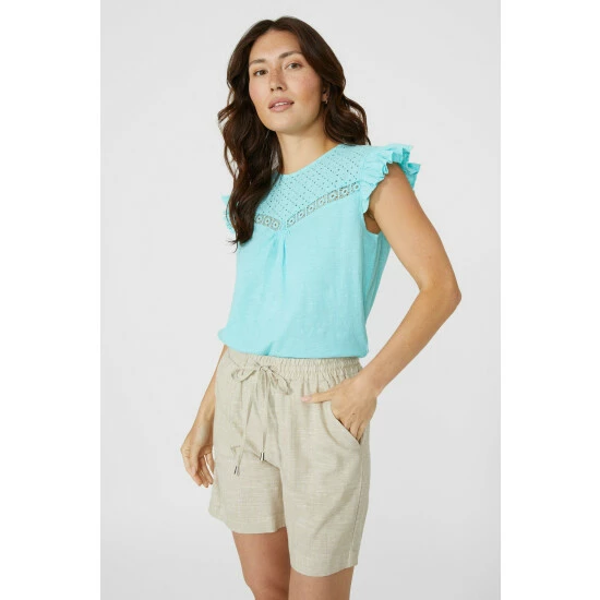 Mantaray Frill Sleeve Broderie Yoke Slub T-Shirt For Female 1 Mantaray Frill Sleeve Broderie Yoke Slub T-Shirt For Female