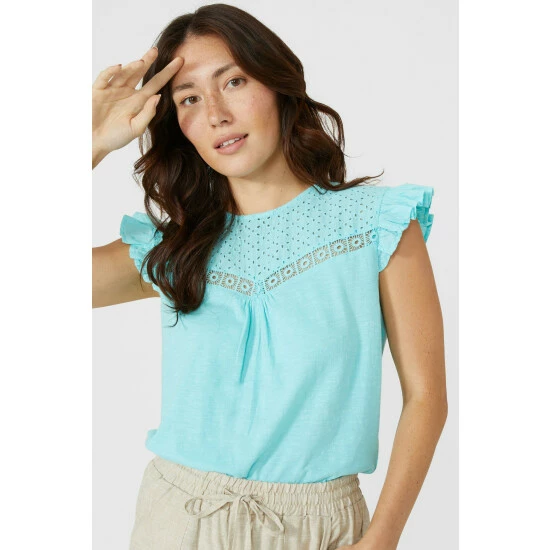 Mantaray Frill Sleeve Broderie Yoke Slub T-Shirt For Female 3 Mantaray Frill Sleeve Broderie Yoke Slub T-Shirt For Female - Image 3