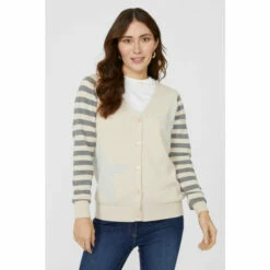 Mantaray Stripe Sleeve Star Intarsia Cotton V Cardigan For Female