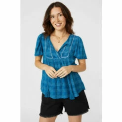 Mantaray Embroidered Trim Check Crepe Notch Neck Top For Female