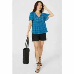 Mantaray Embroidered Trim Check Crepe Notch Neck Top For Female -Cheap Mantaray Store unnamed file 4619