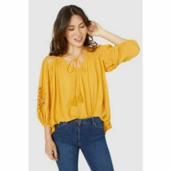 Mantaray Longsleeve Lace Trim Tie Neck Top For Female