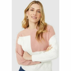 Mantaray Patchwork Cable Cotton Crew Neck Jumper For Female -Cheap Mantaray Store unnamed file 4869