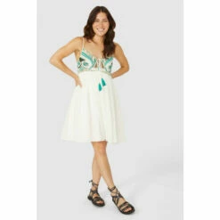 Mantaray Strappy Tassle Tie Embroidered Yoke Sun Dress For Female