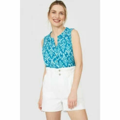 Mantaray Sleeveless Diamond Woodblock Ruffle Neck Top For Female