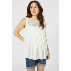 Mantaray Sleeveless Embroidered Frill Placket Top For Female