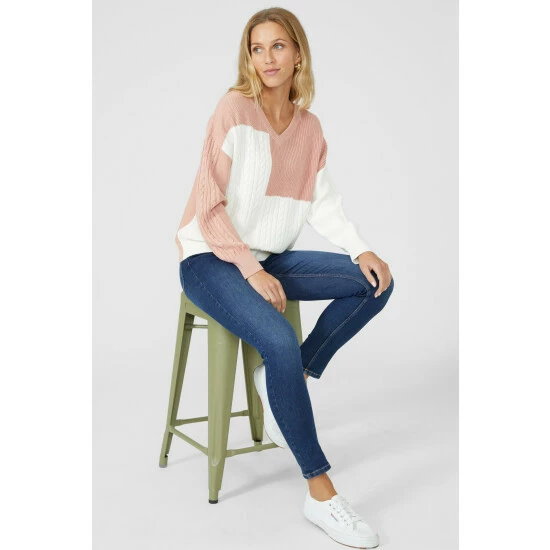 Mantaray Patchwork Cable Cotton V Neck Jumper For Female 5 Mantaray Patchwork Cable Cotton V Neck Jumper For Female - Image 5