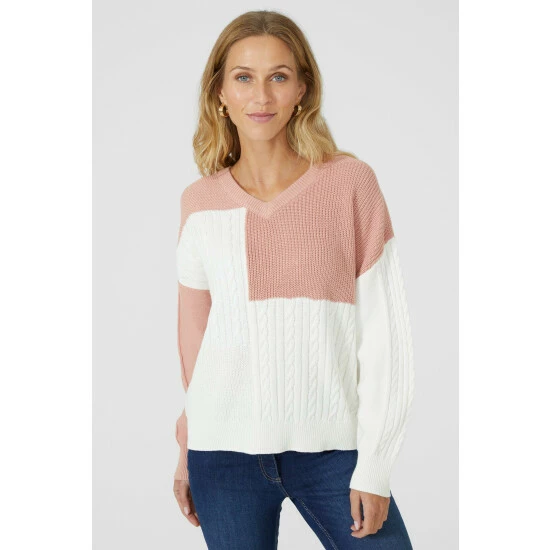 Mantaray Patchwork Cable Cotton V Neck Jumper For Female 6 Mantaray Patchwork Cable Cotton V Neck Jumper For Female - Image 6