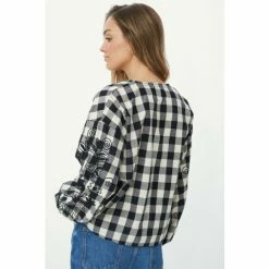 Mantaray Embroidered Sleeve Check Tie Neck Top For Female -Cheap Mantaray Store unnamed file 5600