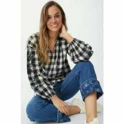 Mantaray Embroidered Sleeve Check Tie Neck Top For Female -Cheap Mantaray Store unnamed file 5601