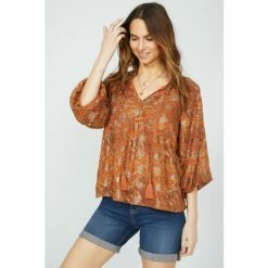 Mantaray Metallic Floral Paisley Print Tie Neck Top For Female