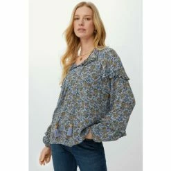 Mantaray Watercolour Floral Frill V Neck Crepe Top For Female