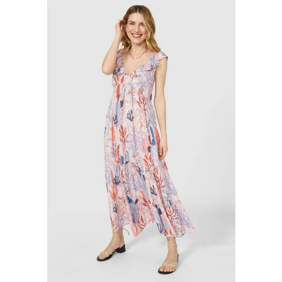 Mantaray Frill Strap Underwater Print Crepe Midi Dress For Female 1 Mantaray Frill Strap Underwater Print Crepe Midi Dress For Female