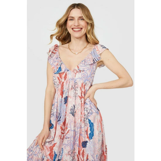 Mantaray Frill Strap Underwater Print Crepe Midi Dress For Female 2 Mantaray Frill Strap Underwater Print Crepe Midi Dress For Female - Image 2