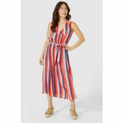 Mantaray Sleeveless Stripe Pleat V Neck Midi Dress For Female -Cheap Mantaray Store unnamed file 6450