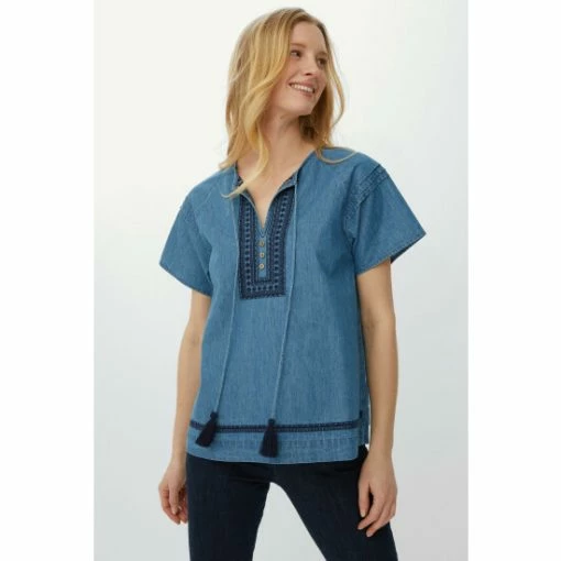 Mantaray Embroidered Tassle Tie Denim Top For Female -Cheap Mantaray Store unnamed file 6481