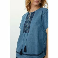 Mantaray Embroidered Tassle Tie Denim Top For Female -Cheap Mantaray Store unnamed file 6483