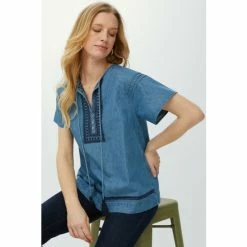 Mantaray Embroidered Tassle Tie Denim Top For Female -Cheap Mantaray Store unnamed file 6485