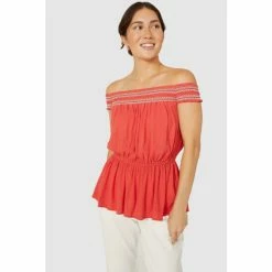 Mantaray Embroidered Smock Bardot Crepe Top For Female