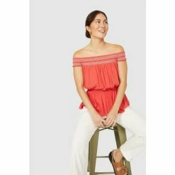 Mantaray Embroidered Smock Bardot Crepe Top For Female -Cheap Mantaray Store unnamed file 6516